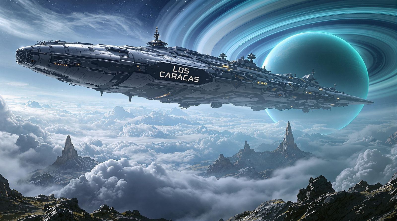 Cosmic Spaceship Orbits a Planet with Dark Teal Rings and Sw...