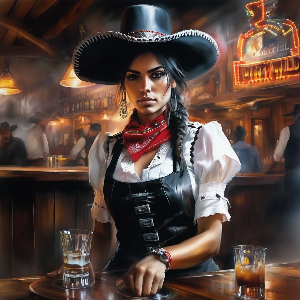 Mexican Waitress Portrait in Wild West Saloon