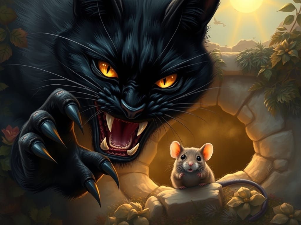 Menacing Cat Attacks Mouse Burrow in Ethereal Mist