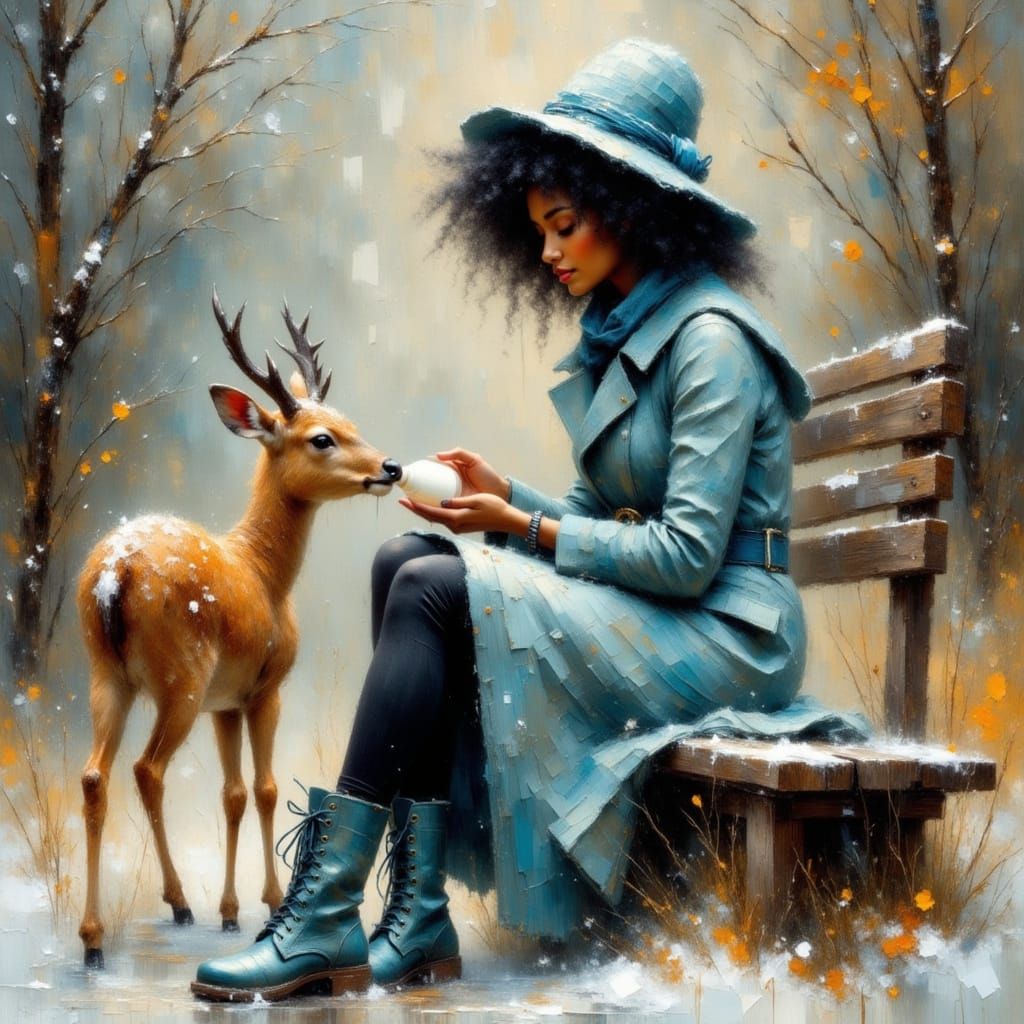 Woman Feeds Deer in Impressionistic Winter Scene