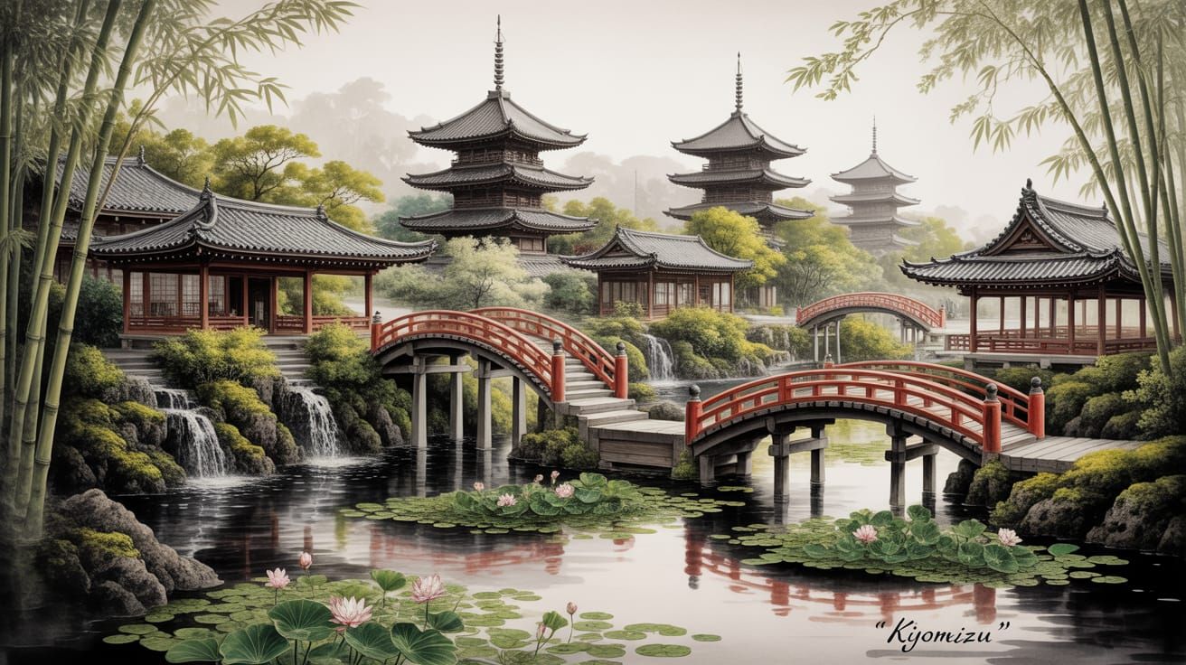 Serene Japanese Pagodas in Ink Wash Painting Style