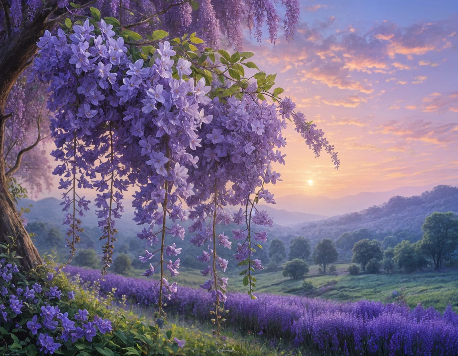 Vibrant Pastel Wisteria Blooms in a Lavender Field