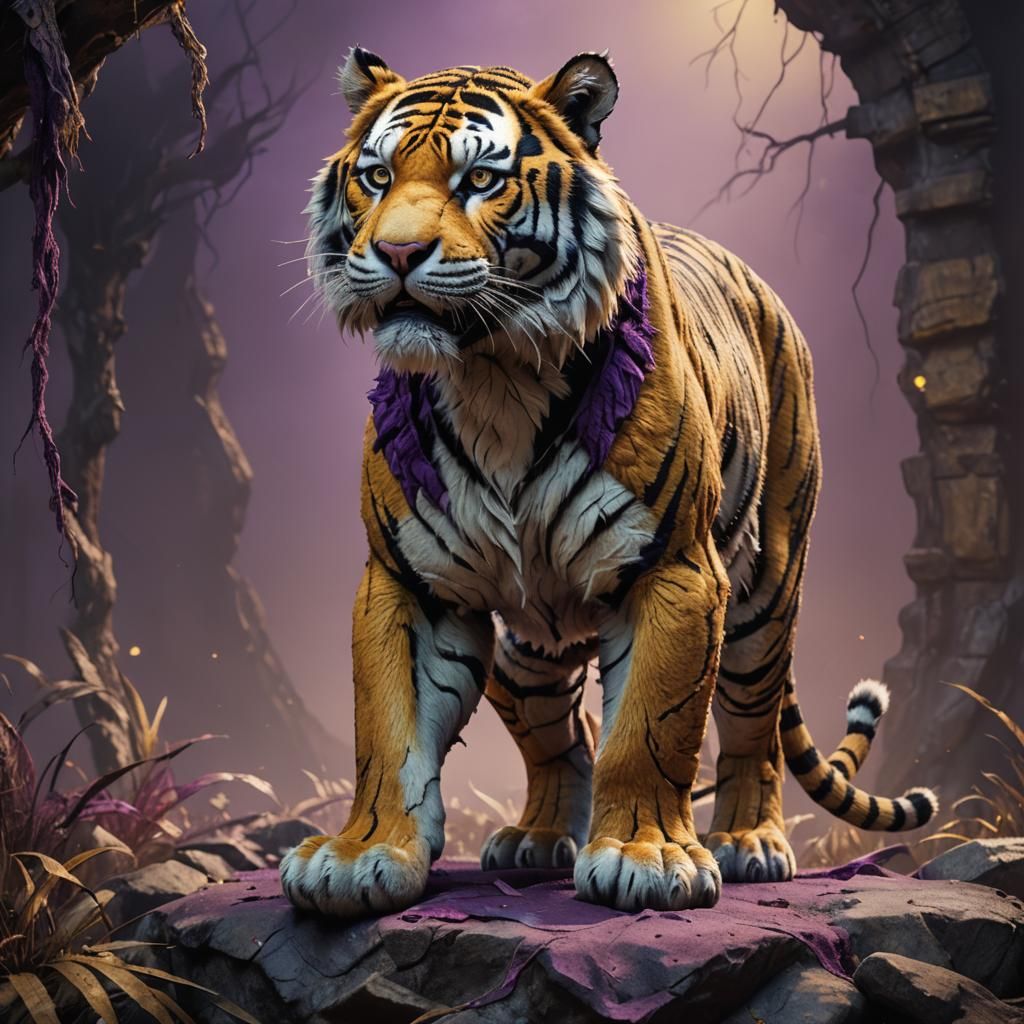 Stuffed Tiger Toy with Torn Ear: Dark Fantasy Art