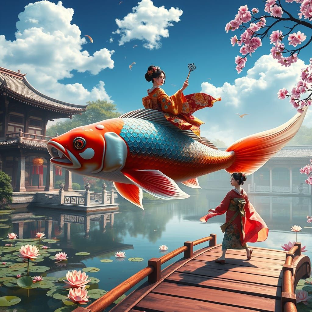 Geisha Riding Foreshortened Koi Fish soars Towards Japanese....