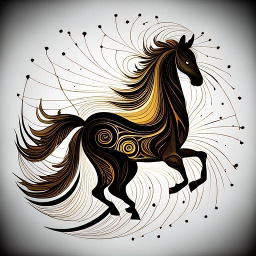 Neo-Primitivism Horse in Black and Gold Line Art