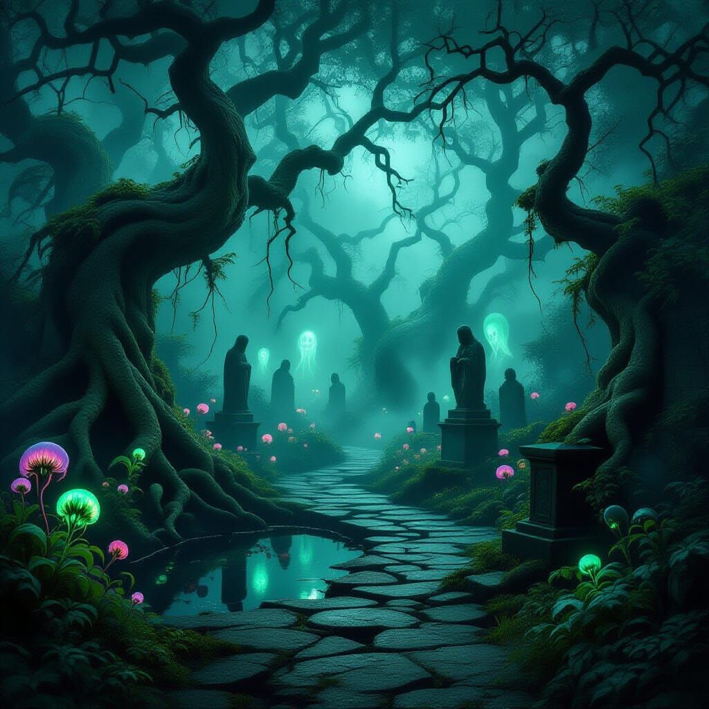 Eerie Overgrown Garden with Bioluminescent Fungi