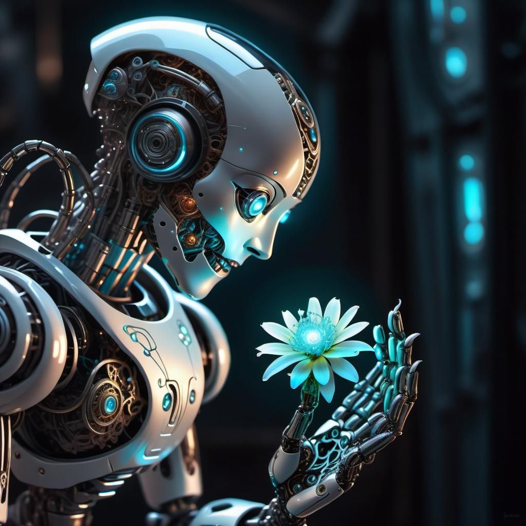 Intricate Robot Tending Bioluminescent Flower