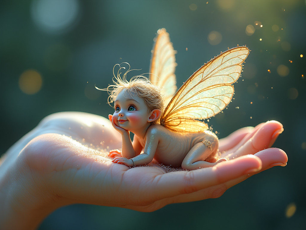 Iridescent Fairy Resting in Hand with Pixy Dust