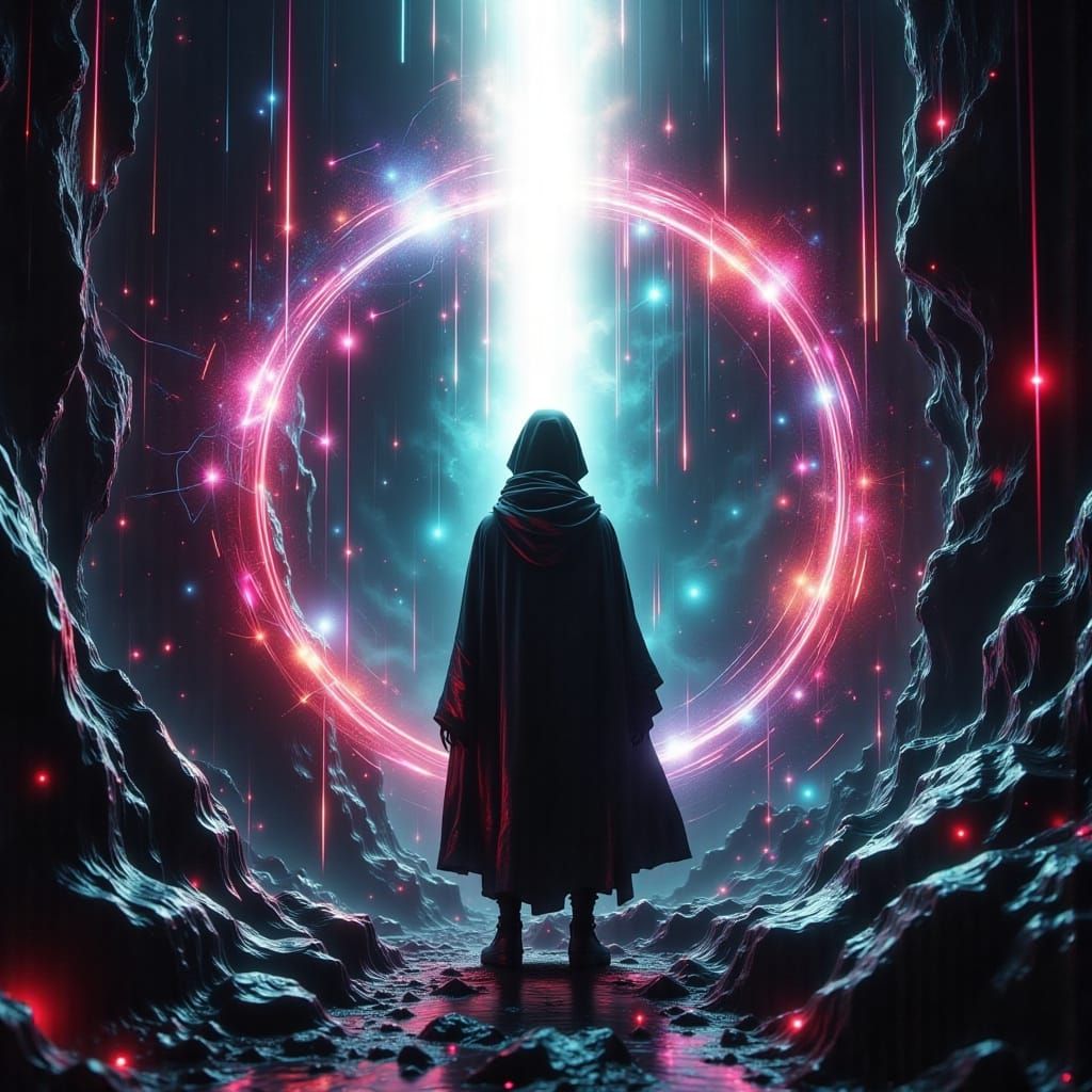 Ethereal Figure in Dark Space with Kaleidoscopic Light