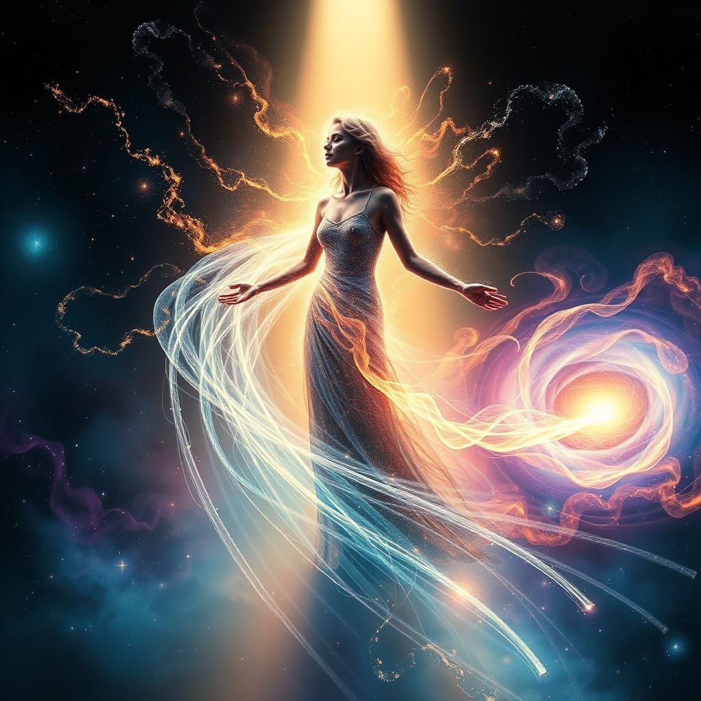 Woman Dissolving into Cosmic Energy Manipulates Timelines