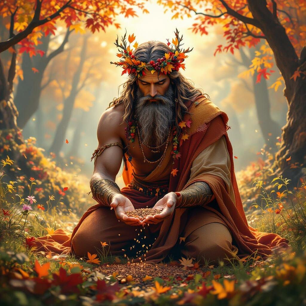 God of Autumn Kneeling in Forest: Fantasy Art