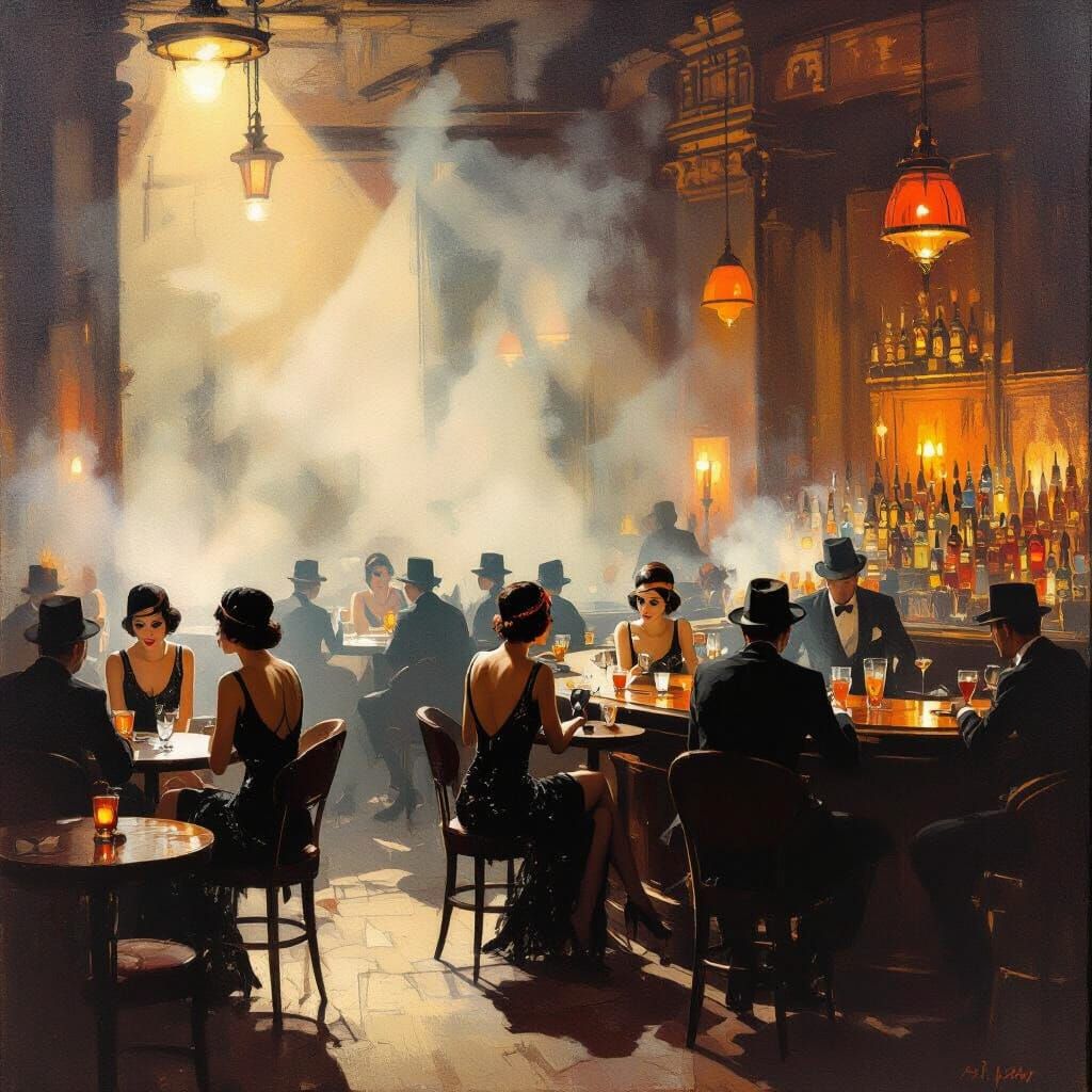 Vintage Speakeasy Scene: Patrons Enjoying Drinks in Smoky At...