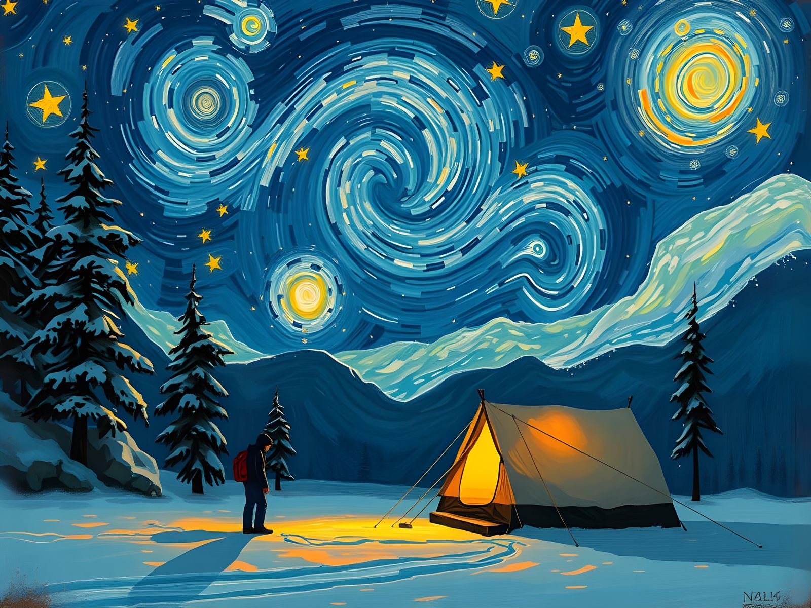 Surreal Winter Camping under Starry Night Sky in Dreamlike S...