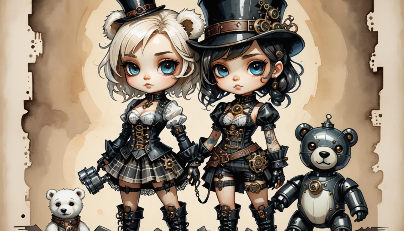 Steampunk Chibi Girl with Robot Polar Bear
