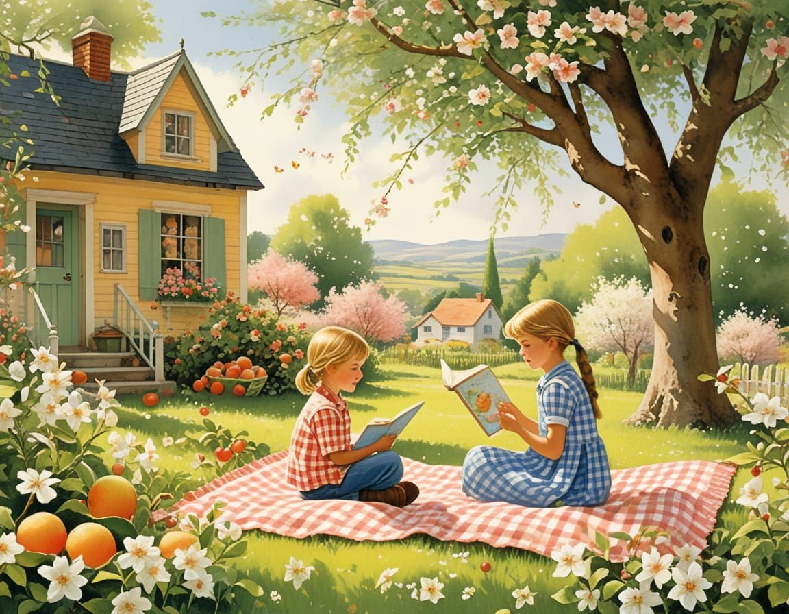 Idyllic Childhood Scene in Whimsical Folk Art Style