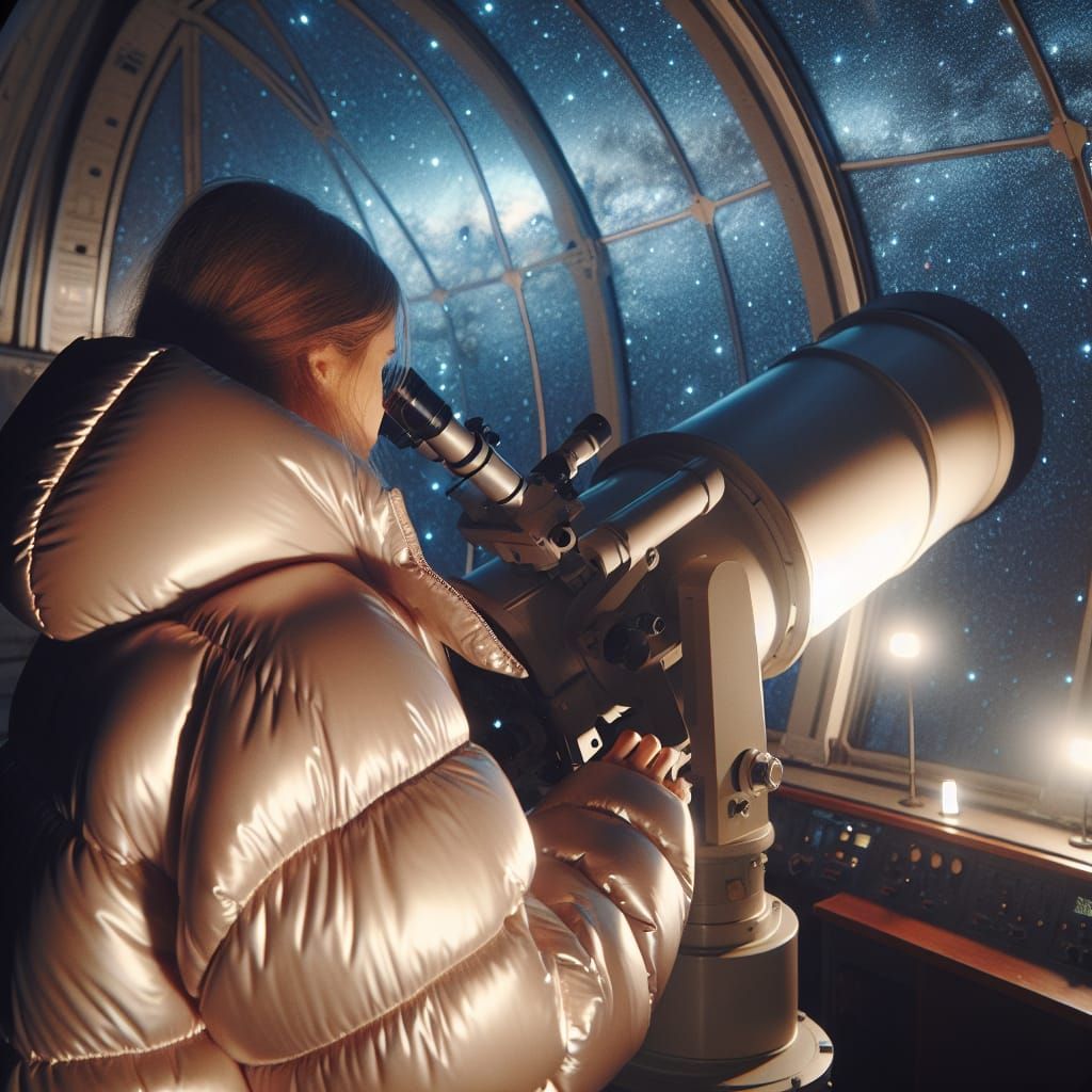 Woman Stargazing Through Telescope in Observatory