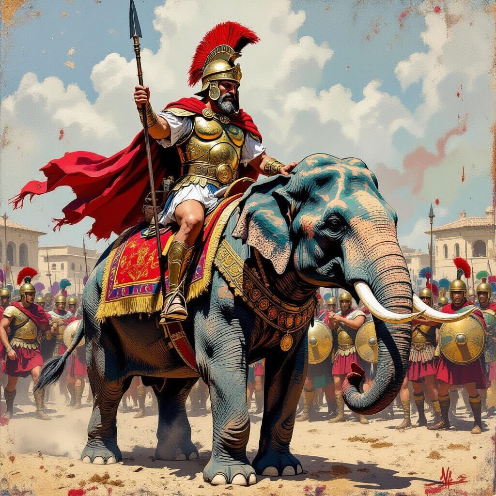 Hannibal Commanding Forces on Elephant Surus in Graffiti Sty...