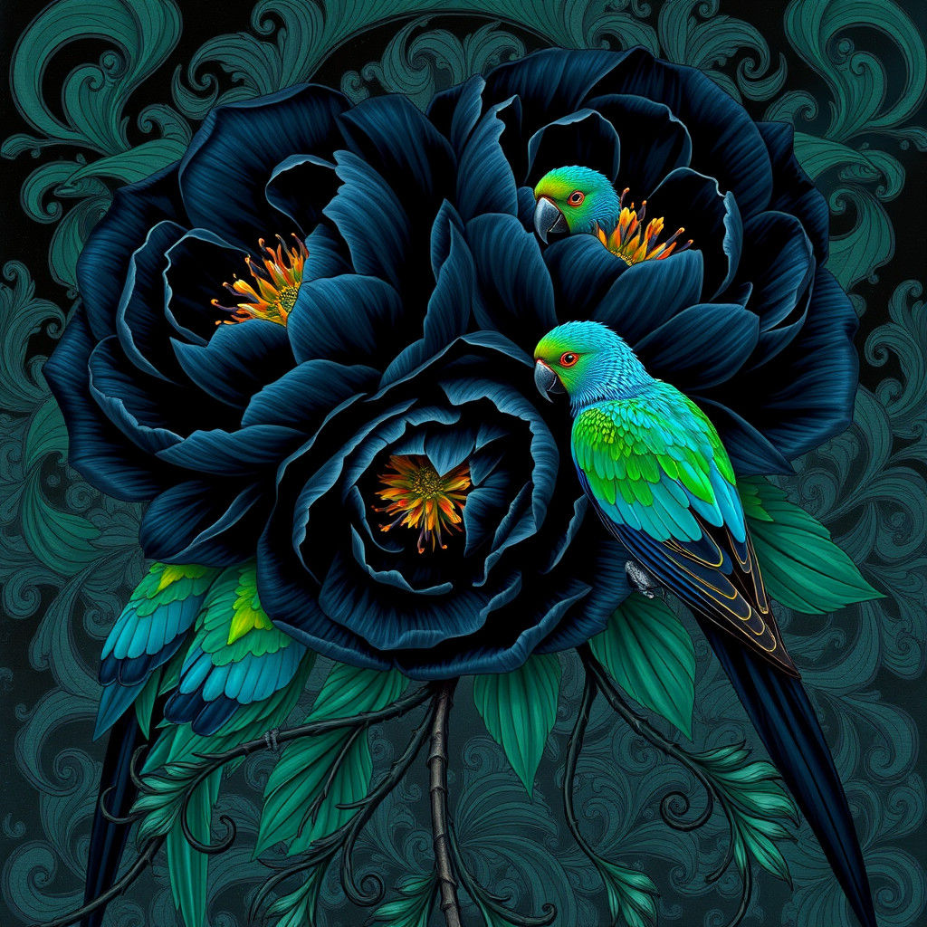 Black Peonies and Parrots in Ebru Style