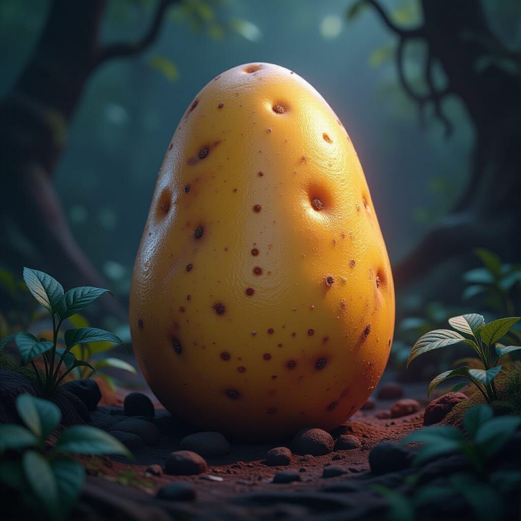 Majestic Potato in Dark Fantasy Realm, Detailed Digital Art