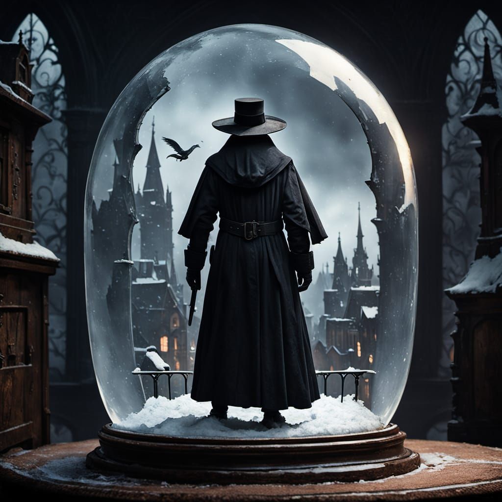 Ethereal Plague Doctor in Snow Globe Scene