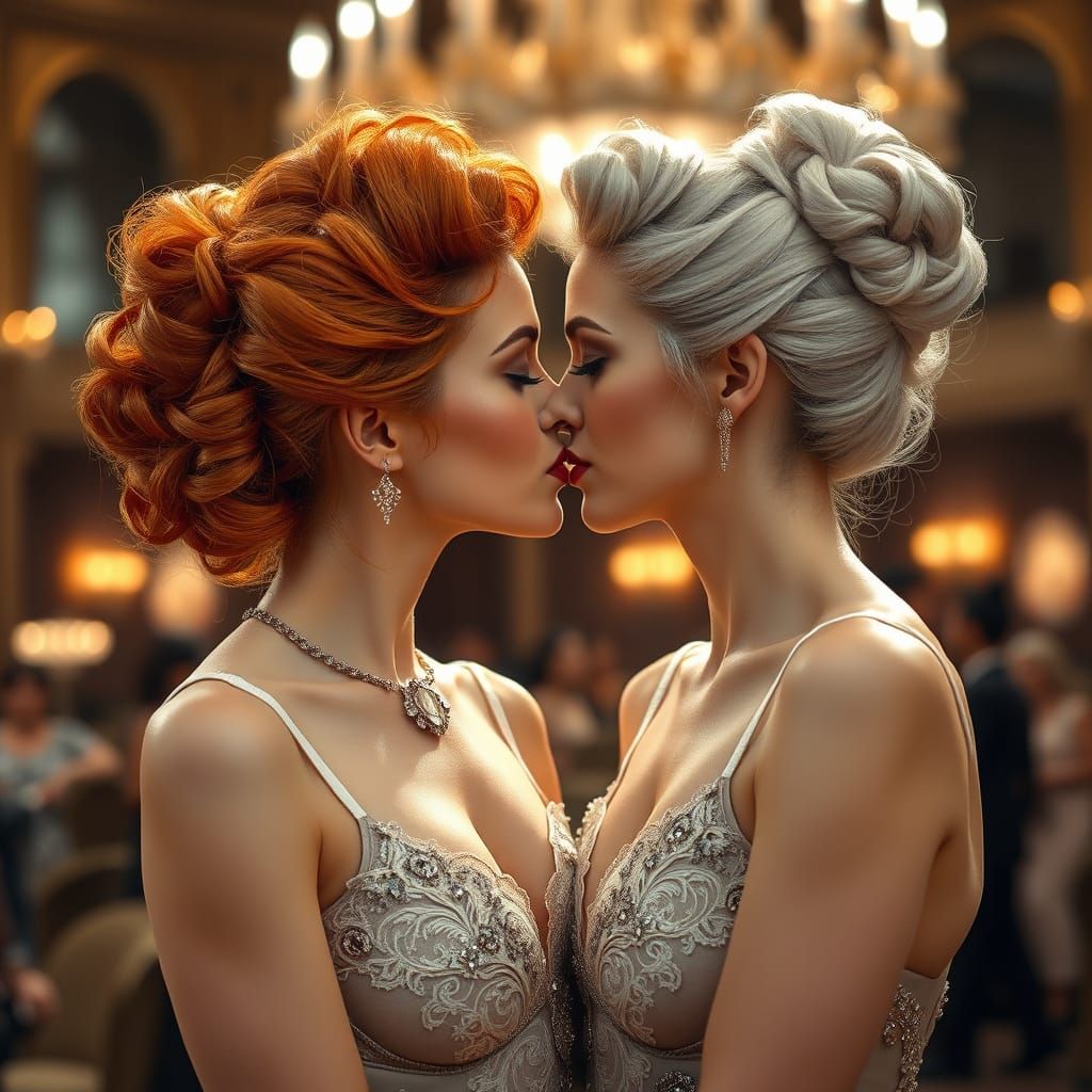 Elegant Women Share a Kiss in Art Nouveau Style