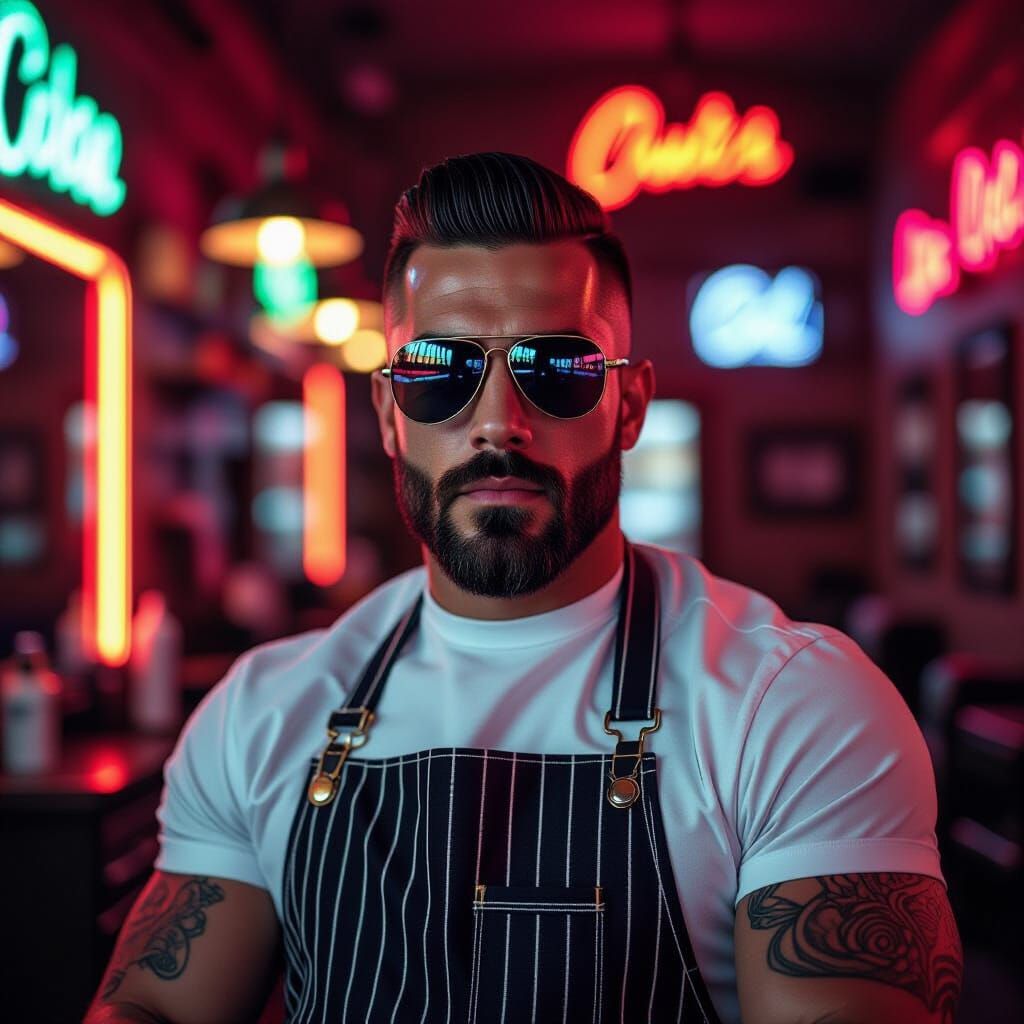 Cuban Barber Poses in Neon-Lit Shop: Hyperrealistic Photo