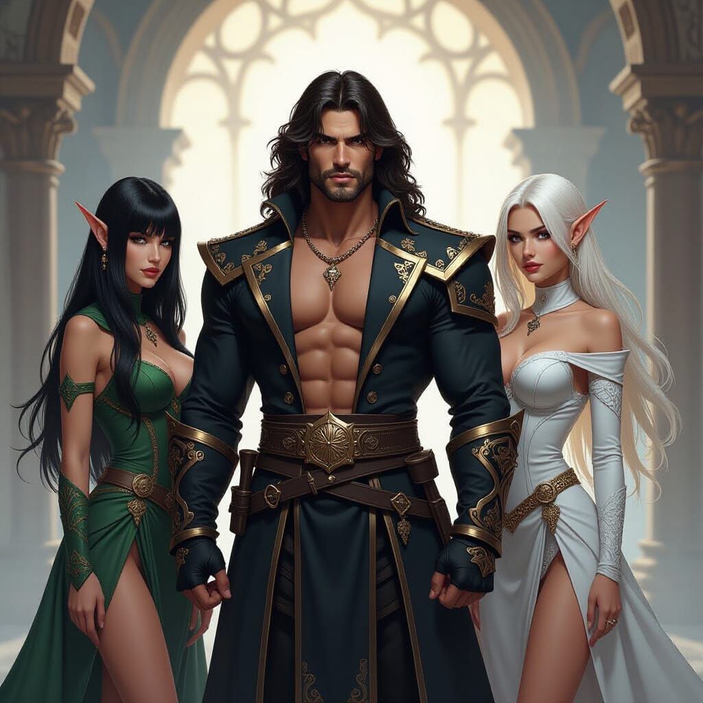 Fire Mage Noble With Elf Twins in Fantasy Concept Art