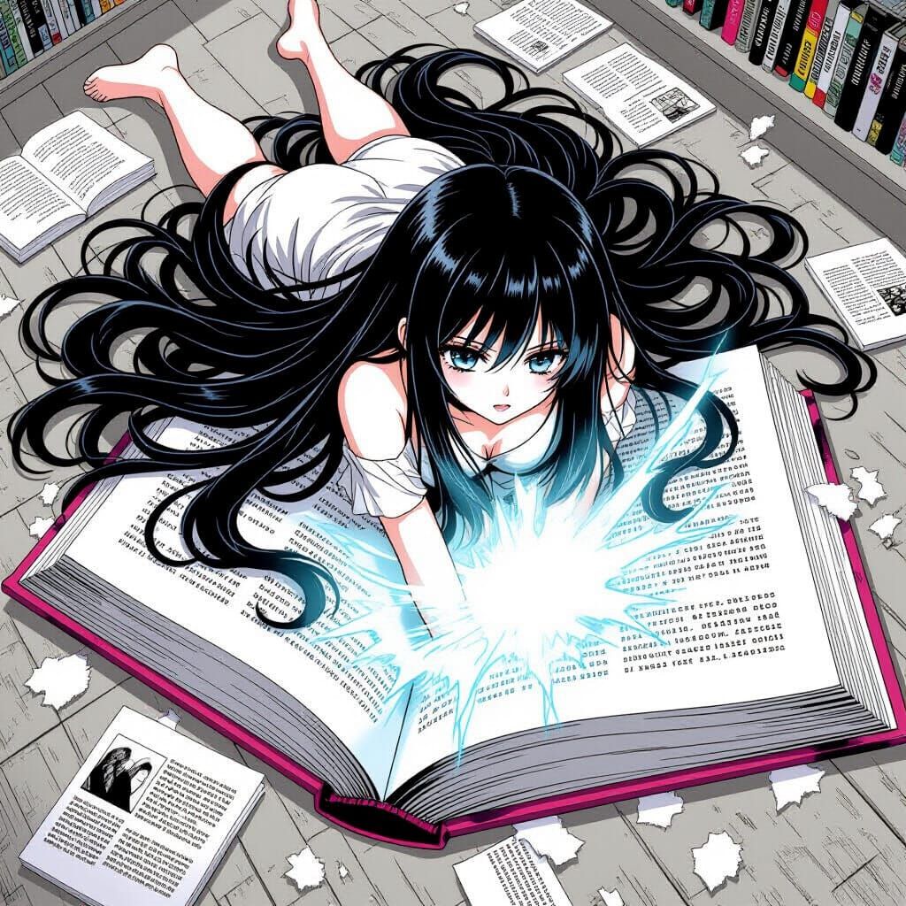 Manga Woman Emerges from Giant Book in Pale Colors
