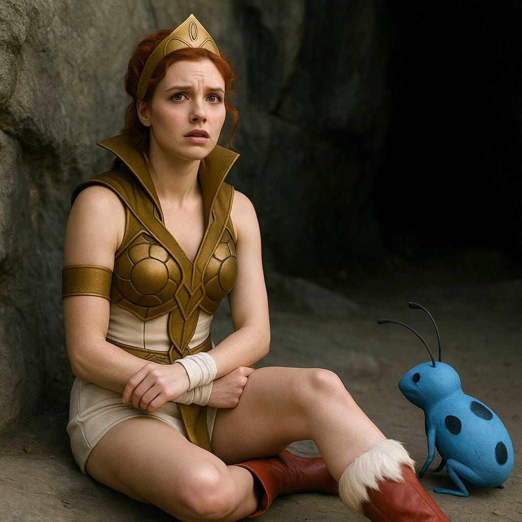 Teela and Blue Creature on Rocky Ledge