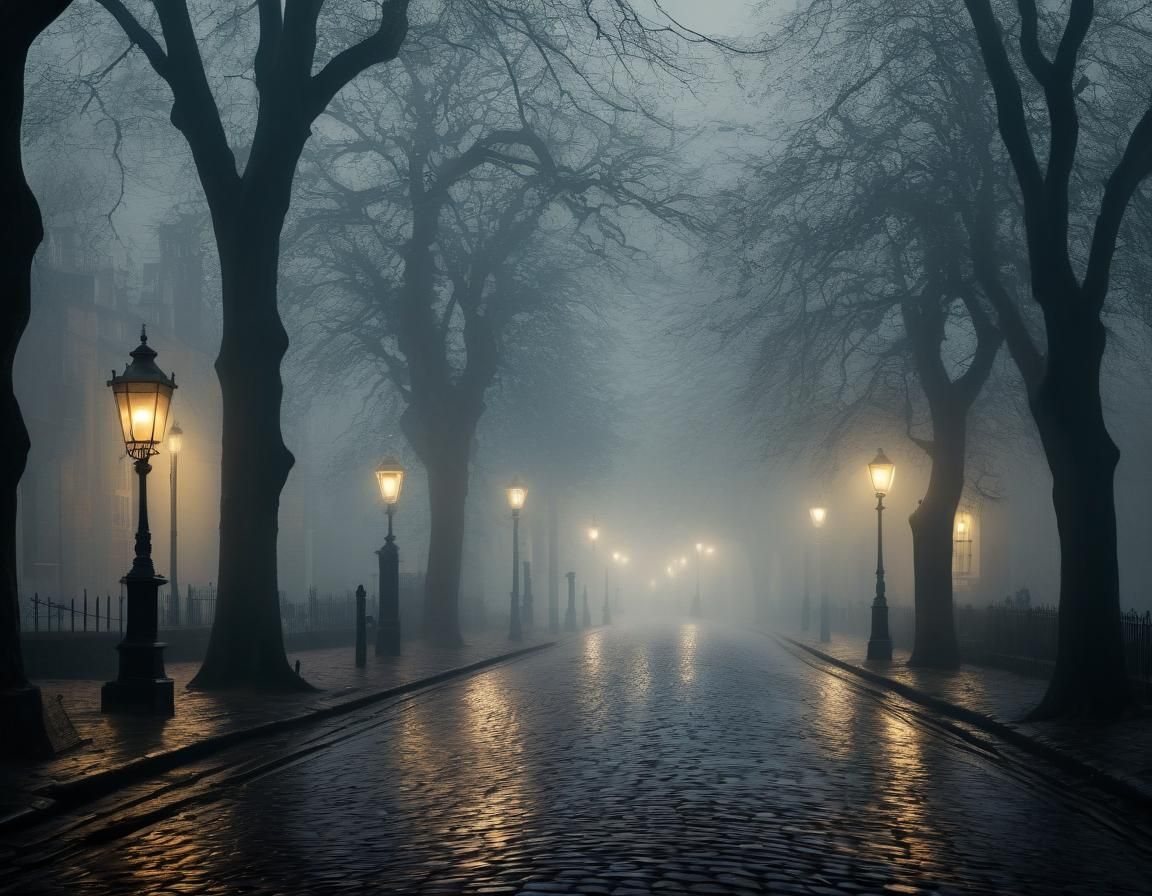 Eerie Foggy Road in Old England, Atmospheric Style