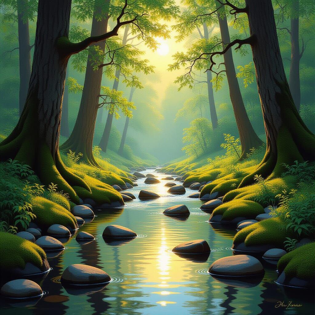 Sun-Dappled Forest Clearing with Gentle River
