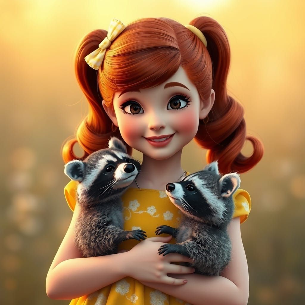 1950s-Style Redhead Girl with Raccoon in Hyper-Realistic 3D....