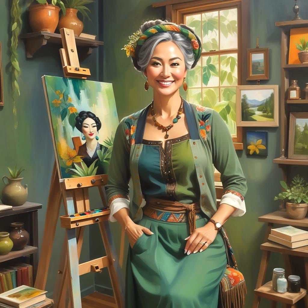 Happy Eurasian Woman Painting in Boho Room