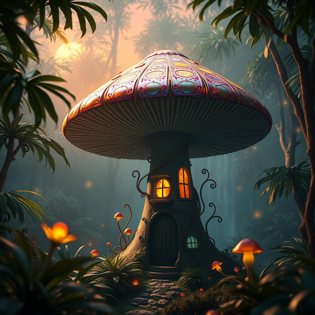Whimsical Mushroom House in Lush Rainforest