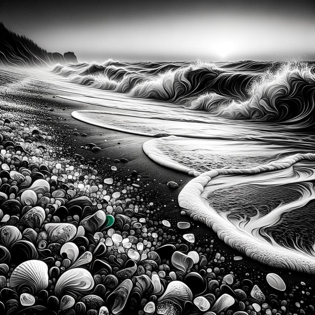 Surreal Beach Landscape in Black and White, 5D Rendering