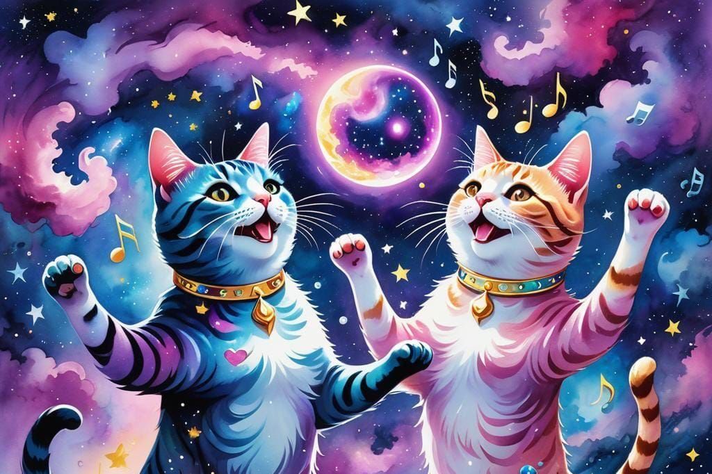 Cosmic Cats Dancing in Astral Galaxy: Watercolor Illustratio...