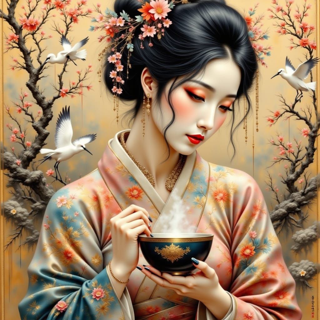 Geisha's Tea Ceremony in Minimalist Japanese Style