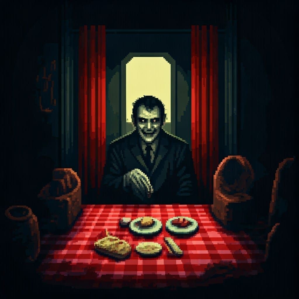 Retro Horror Pixel Art Scene in Dark, Liminal Back Rooms