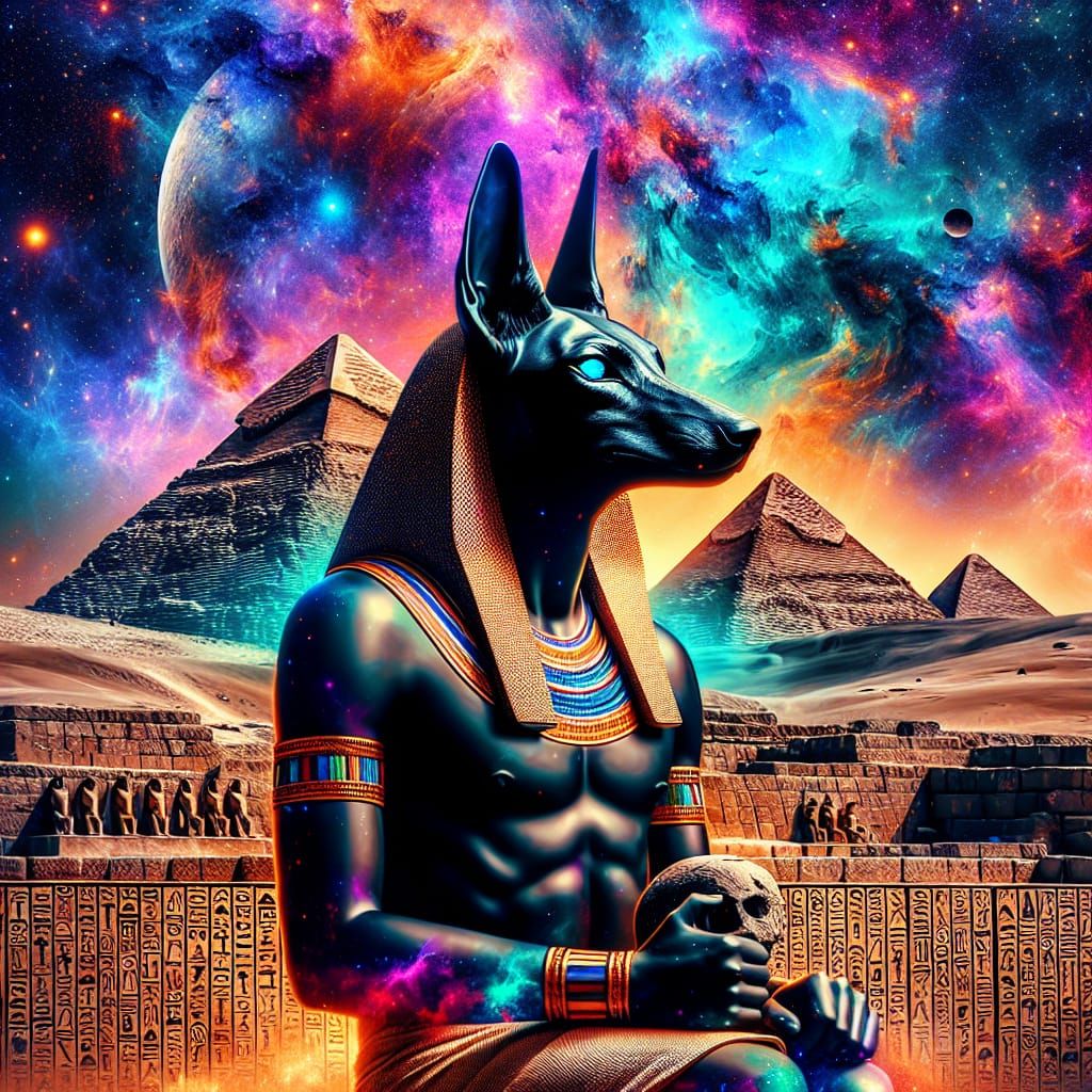 Hyper-Realistic Digital Art of Anubis with Planetary Magic