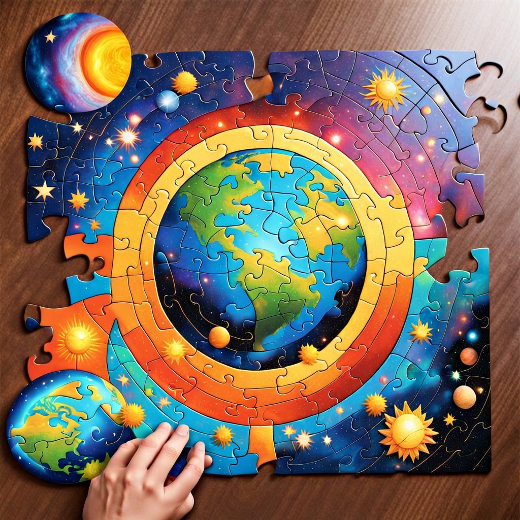 Galaxy Puzzle with Earth, Moon, and Sun