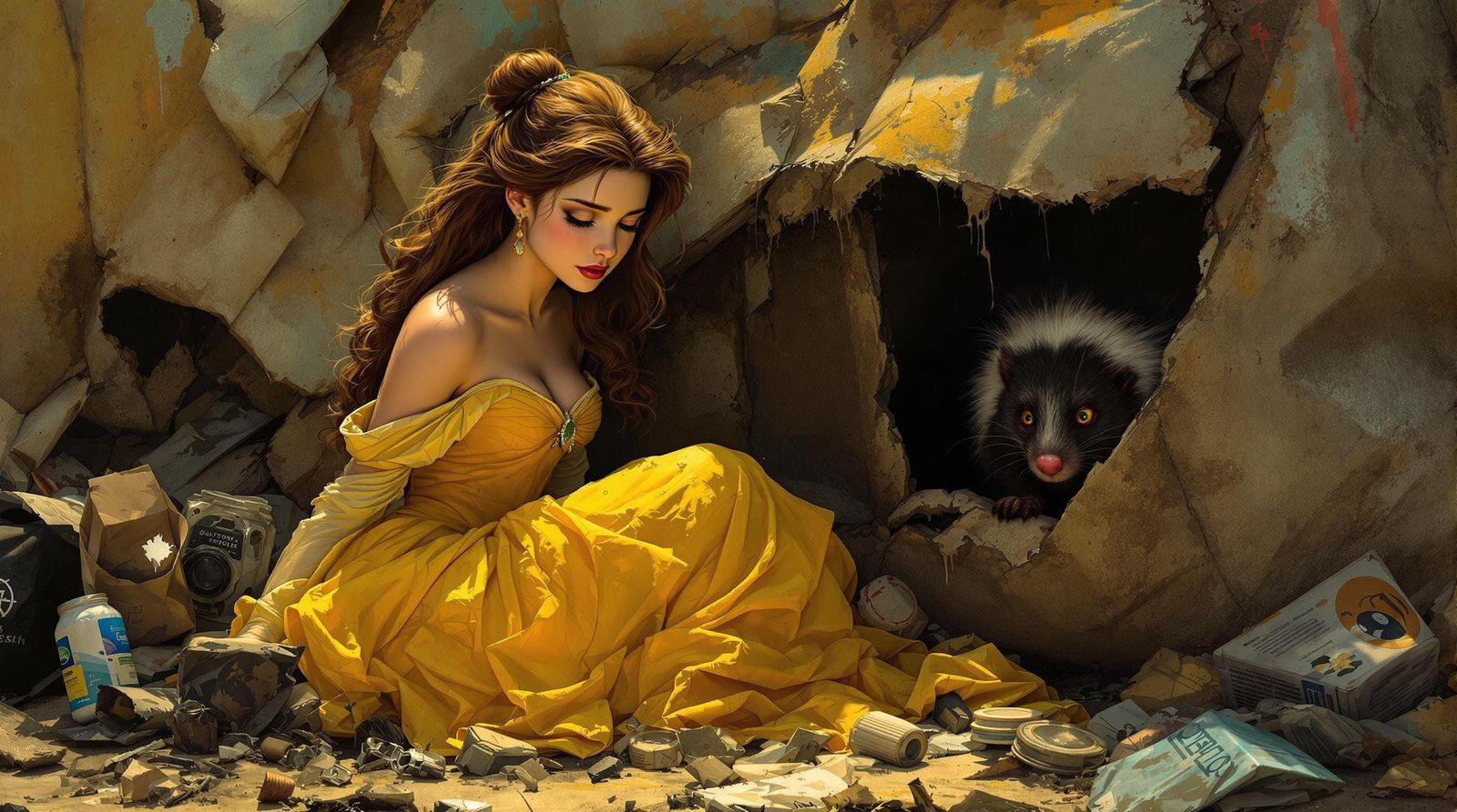 Sad Princess Belle Sits Beside a Skunk in a Garbage Landscap...
