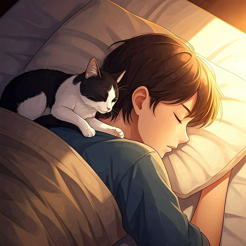 Intimate Morning Scene with Slumbering Couple and Cat