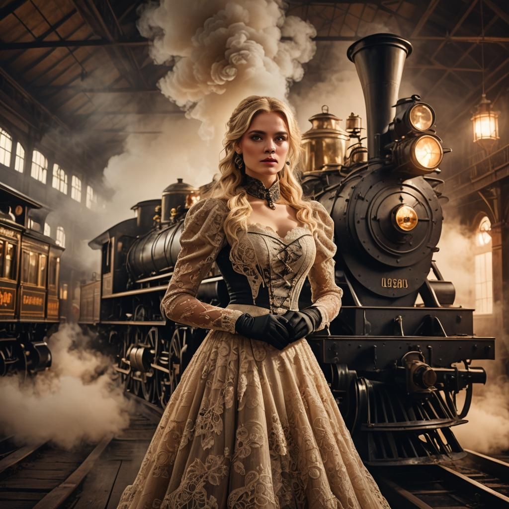 Victorian Era Girl with Steam Locomotive