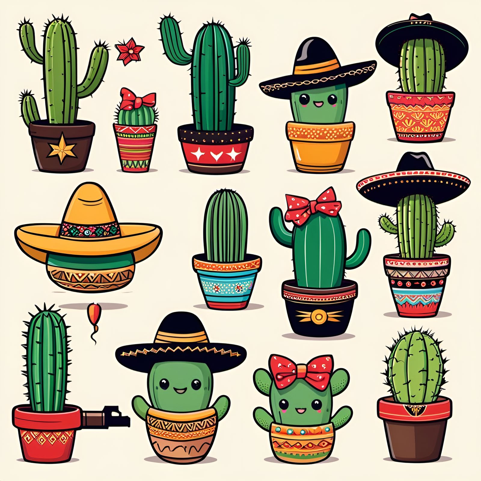 Cute Comic Cacti with Sombreros and Guns