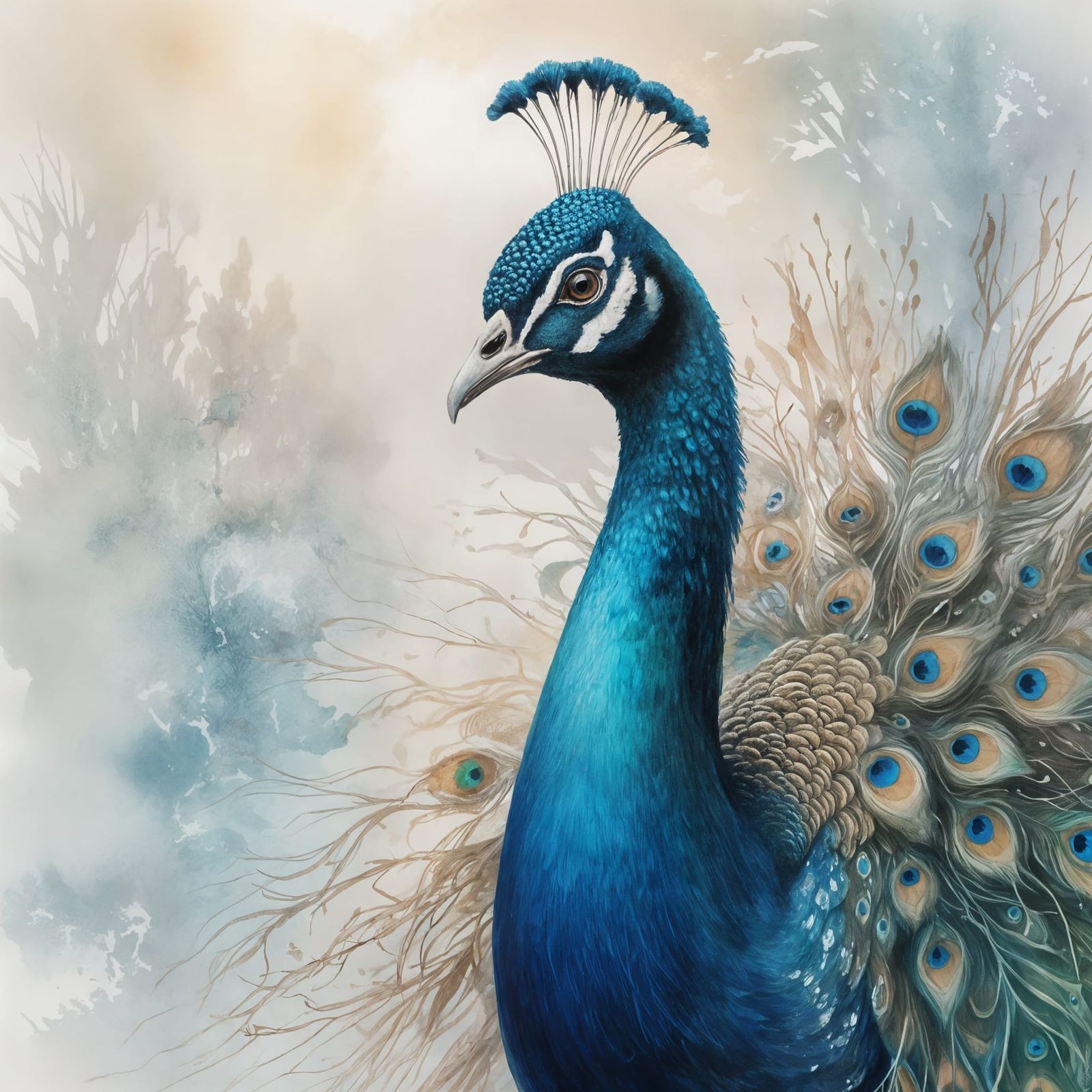 Fluffy Peacock in Winter Mist with Dry Brush Strokes
