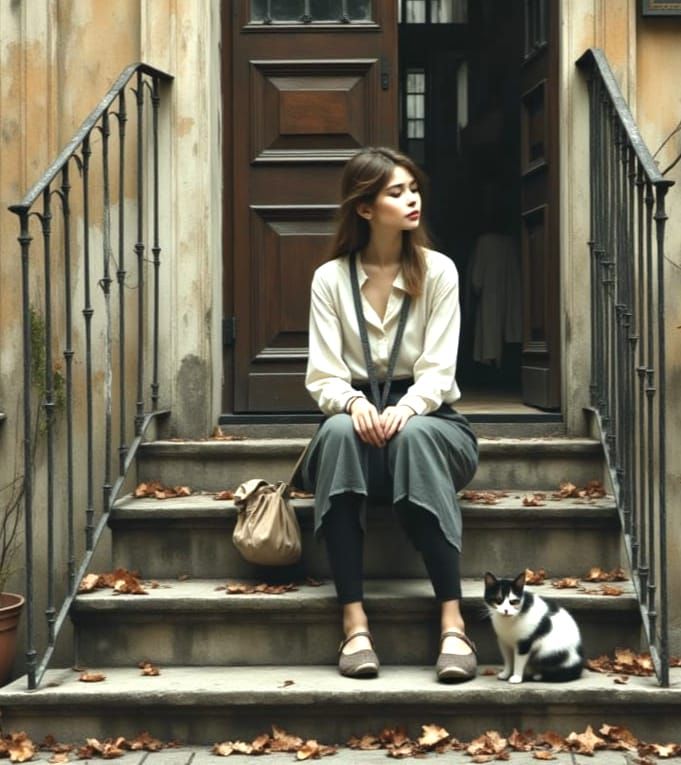 Girl with Cat on Apartment Steps