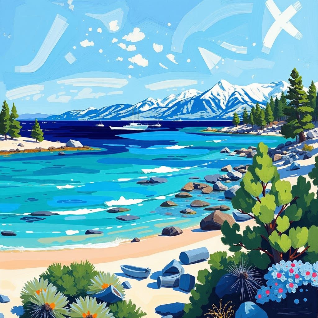 Surreal Fauvist Landscape of Serene Sand Harbor Beach