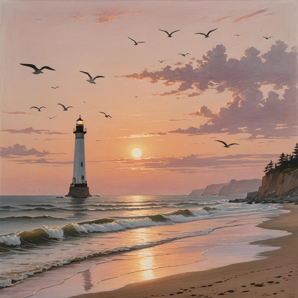 A detailed pencil sketch of a serene beach at sunrise. The g...