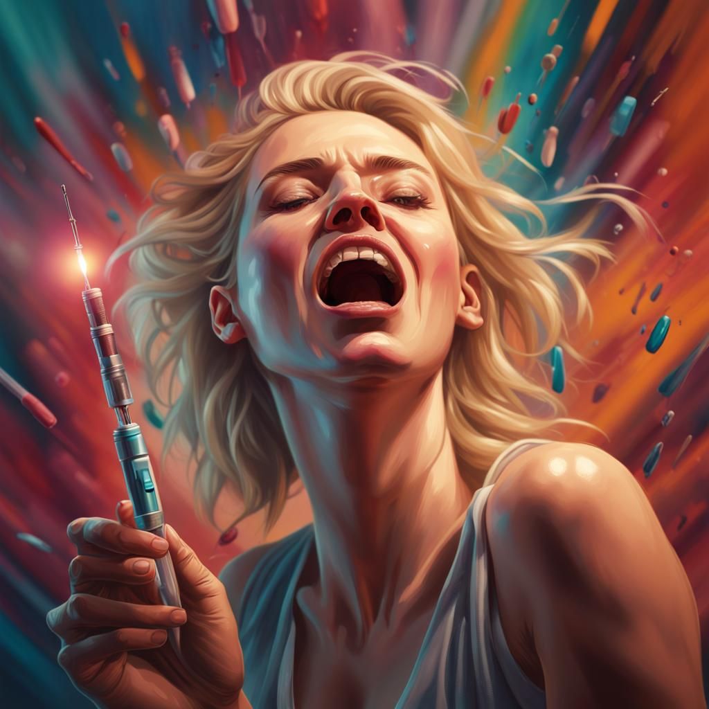 Blonde Woman with Syringe: Hyperrealistic Digital Art