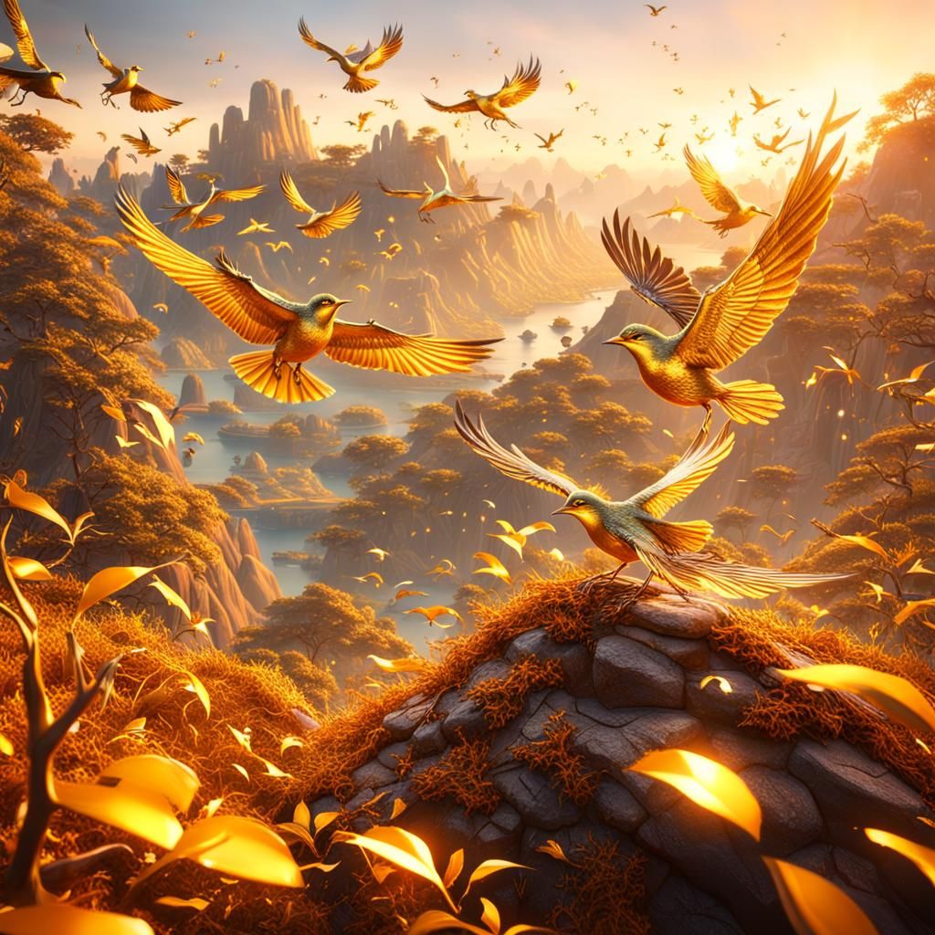Golden Birds Soar Above Sunrise Landscape